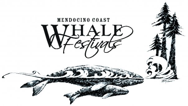 Whale Festival Logo - Mother and baby whale with redwood trees